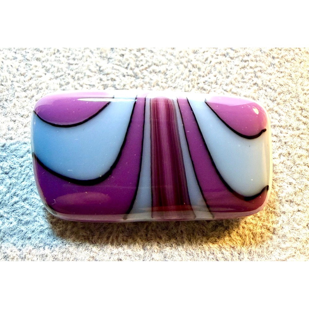Rectangular‎ Fused Glass Pin Brooch Purple White Abstract Swirl Design Women